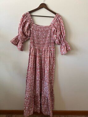 Beachwood Block Print Floral Midi Dress in Pink, 100% cotton